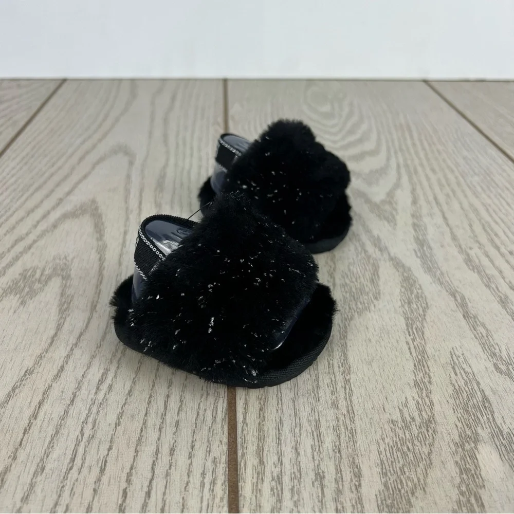 UGG Infant Fluff Yeah Furry Fuzzy Sandals 0/1 XS 0-6 months Black Metallic $55